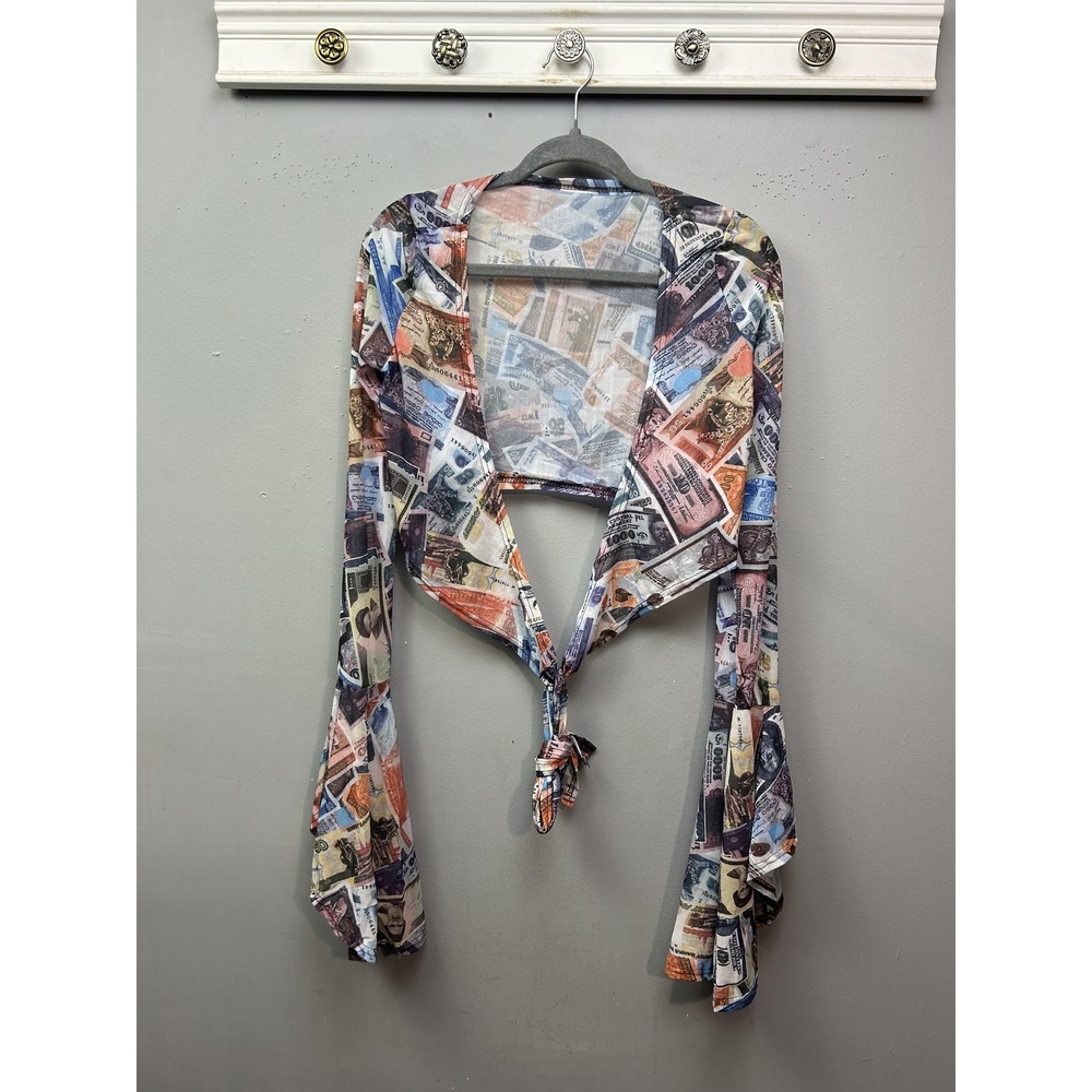 Money Print Tie‎ Front Shirt Womens Large Multicolor Sheer Bell Sleeve Top